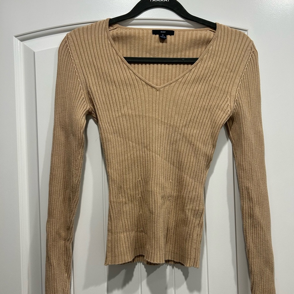 GAP Tan Ribbed V-Neck Blouse